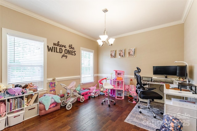 4203 Flint Dr, Lancaster, SC 29720 - office featuring ornamental molding, a chandelier, wood finished floors, and wainscoting
