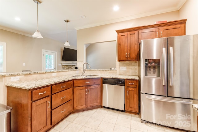 4203 Flint Dr, Lancaster, SC 29720 - kitchen with appliances with stainless steel finishes, brown cabinetry, ornamental molding, backsplash, and light stone counters