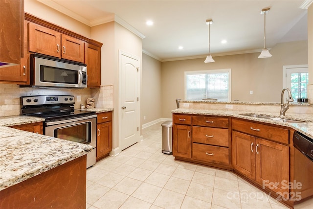 4203 Flint Dr, Lancaster, SC 29720 - kitchen with appliances with stainless steel finishes, brown cabinets, tasteful backsplash, light tile patterned floors, and crown molding