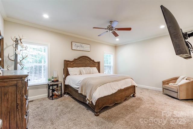 4203 Flint Dr, Lancaster, SC 29720 - bedroom with carpet flooring, multiple windows, recessed lighting, crown molding, and ceiling fan