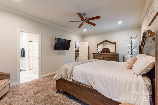 4203 Flint Dr, Lancaster, SC 29720 - carpeted bedroom with ornamental molding, recessed lighting, ensuite bathroom, and ceiling fan