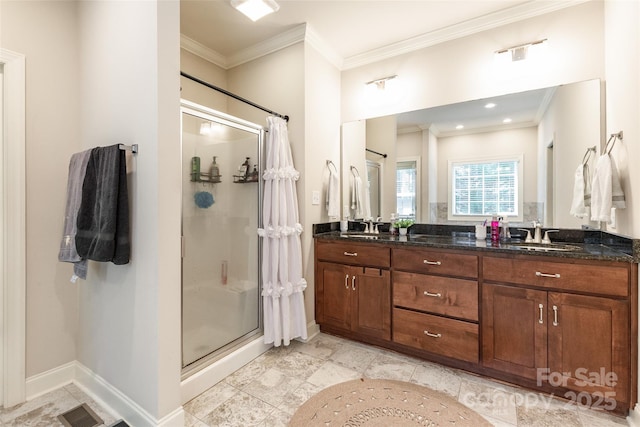 4203 Flint Dr, Lancaster, SC 29720 - full bath featuring a stall shower, crown molding, and double vanity