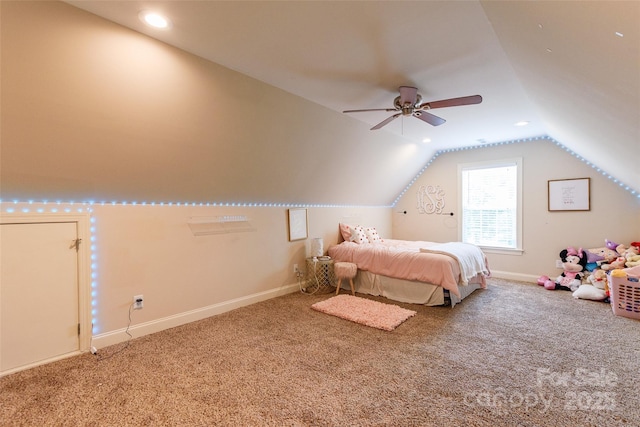 4203 Flint Dr, Lancaster, SC 29720 - bedroom with carpet flooring, lofted ceiling, and ceiling fan