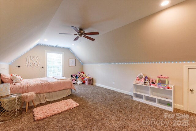 4203 Flint Dr, Lancaster, SC 29720 - carpeted bedroom featuring lofted ceiling, recessed lighting, and a ceiling fan
