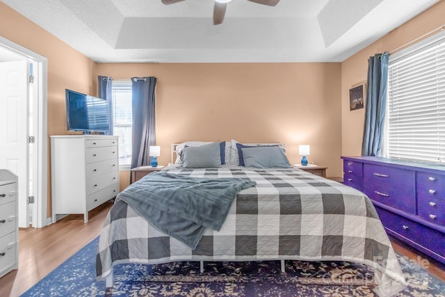 4614 Jacquelyne Dr, Indian Trail, NC 28079 - bedroom with a tray ceiling, wood finished floors, and ceiling fan