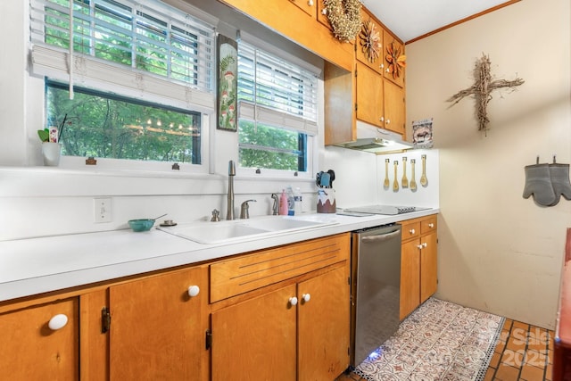 313 E Main St, Morganton, NC 28655 - kitchen featuring dishwasher, light countertops, under cabinet range hood, black electric stovetop, and brown cabinetry