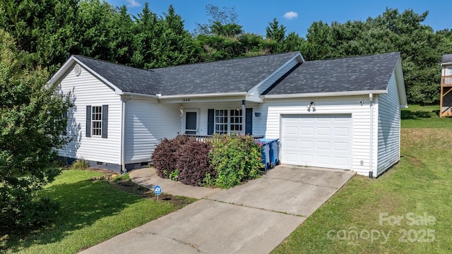 1265 39th Street Cir, Hickory, NC 28602 - ranch-style home with a garage, a front lawn, a shingled roof, and concrete driveway