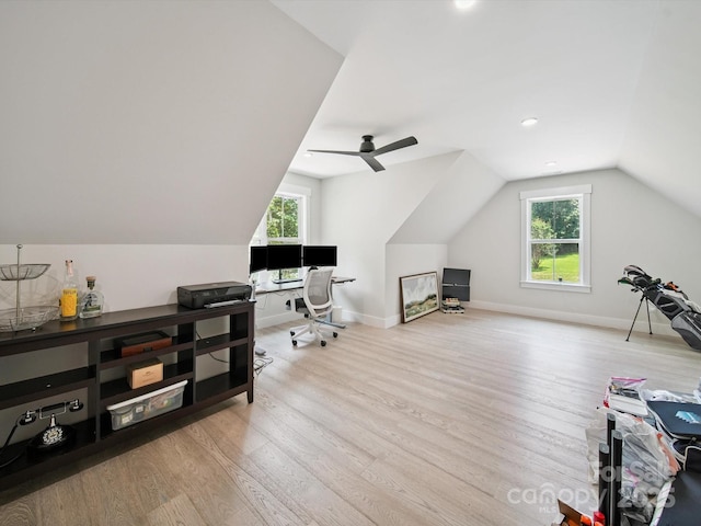 2108 Lakeview Cir, Matthews, NC 28105 - office area featuring wood finished floors, vaulted ceiling, healthy amount of natural light, a ceiling fan, and recessed lighting