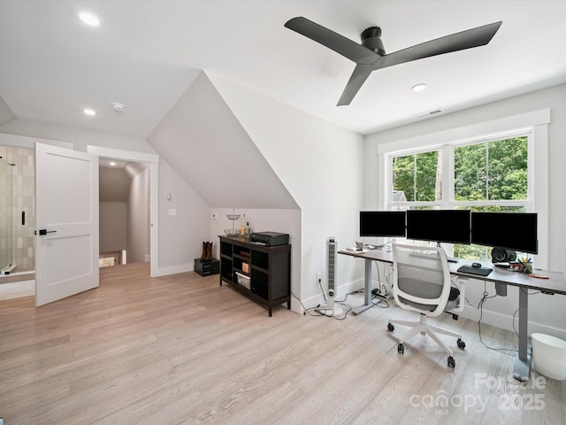 2108 Lakeview Cir, Matthews, NC 28105 - home office with light wood-style flooring, a ceiling fan, vaulted ceiling, and recessed lighting
