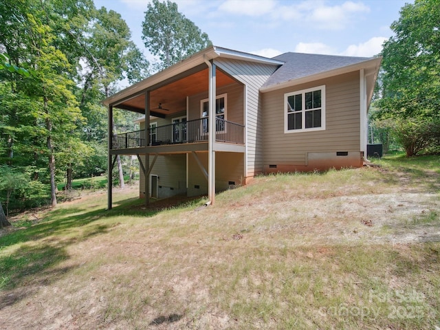 2108 Lakeview Cir, Matthews, NC 28105 - rear view of house featuring crawl space, ceiling fan, a yard, a deck, and roof with shingles