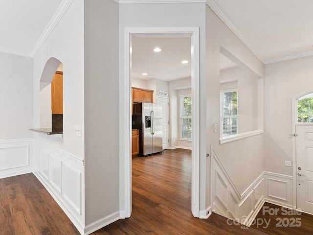 570 Sixth Baxter Xing Unit 16, Fort Mill, SC 29708 - foyer featuring crown molding, a decorative wall, dark wood-style flooring, wainscoting, and recessed lighting