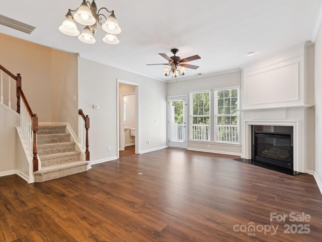 570 Sixth Baxter Xing Unit 16, Fort Mill, SC 29708 - unfurnished living room with stairway, dark wood-style flooring, a chandelier, a ceiling fan, and a high end fireplace