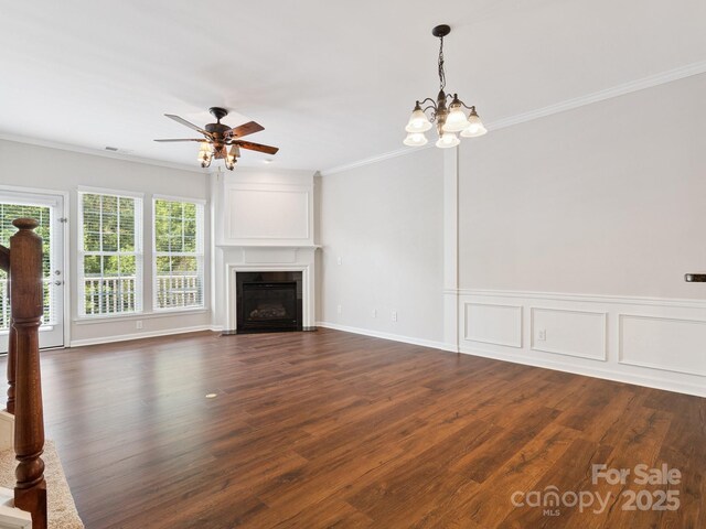 570 Sixth Baxter Xing Unit 16, Fort Mill, SC 29708 - unfurnished living room with crown molding, dark wood finished floors, a fireplace with flush hearth, a ceiling fan, and a chandelier