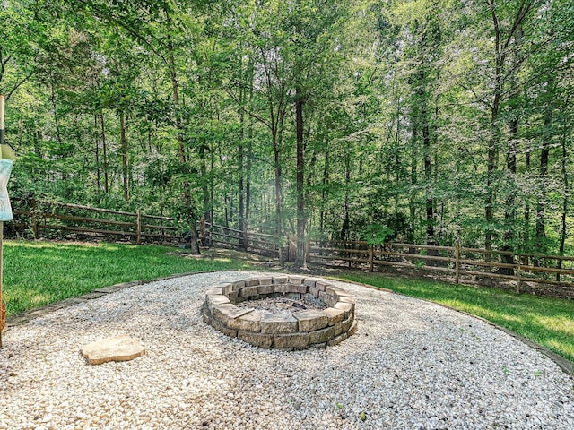 14019 Fountain Ln, Charlotte, NC 28278 - fenced backyard with a fire pit and a forest view
