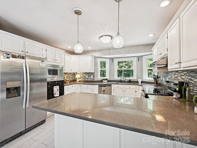 14019 Fountain Ln, Charlotte, NC 28278 - kitchen with stainless steel appliances, under cabinet range hood, backsplash, white cabinetry, and recessed lighting