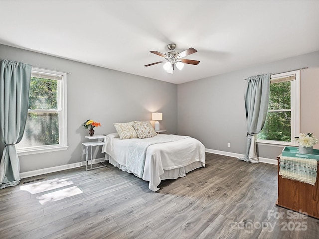 14019 Fountain Ln, Charlotte, NC 28278 - bedroom featuring wood finished floors, multiple windows, and ceiling fan