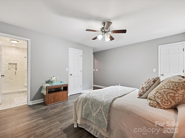 14019 Fountain Ln, Charlotte, NC 28278 - bedroom with wood finished floors, a ceiling fan, and connected bathroom