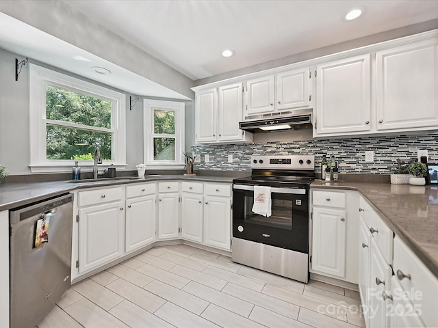 14019 Fountain Ln, Charlotte, NC 28278 - kitchen with stainless steel appliances, under cabinet range hood, tasteful backsplash, healthy amount of natural light, and recessed lighting