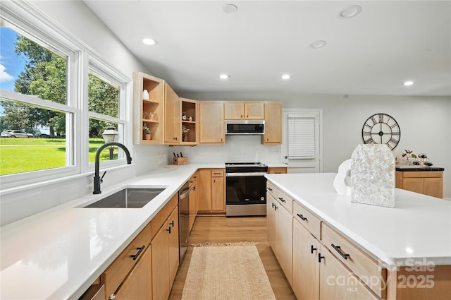7109 Forney Hill Rd, Denver, NC 28037 - kitchen with appliances with stainless steel finishes, light brown cabinetry, open shelves, recessed lighting, and light wood-style floors