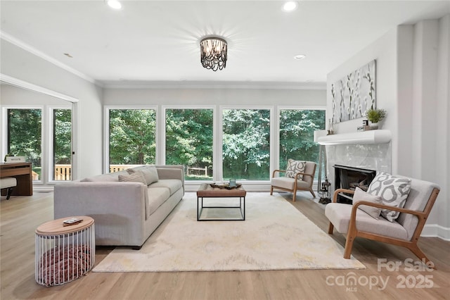 7109 Forney Hill Rd, Denver, NC 28037 - living room featuring a premium fireplace, wood finished floors, recessed lighting, and crown molding