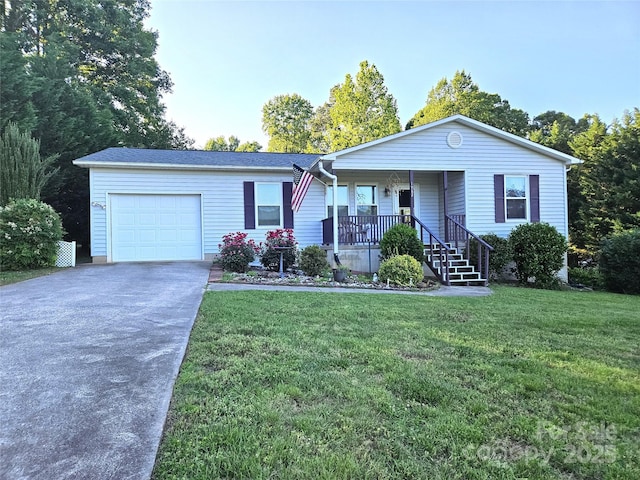 1982 Conley Rd, Morganton, NC 28655 - ranch-style house featuring concrete driveway, a garage, covered porch, and a front lawn