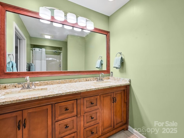 621 E Park Pl, Hendersonville, NC 28791 - full bath featuring double vanity, a shower with curtain, and tile patterned floors
