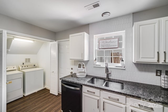 5116 Crane Point Dr, Charlotte, NC 28227 - kitchen with black dishwasher, washer and clothes dryer, backsplash, dark wood-style flooring, and white cabinetry