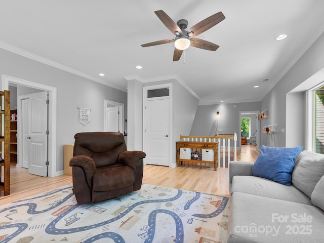 102 Gap Creek Rd, Fletcher, NC 28732 - living area featuring ornamental molding, light wood finished floors, ceiling fan, and recessed lighting