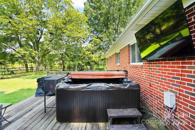1104 Pump Station Rd, Kannapolis, NC 28081 - wooden terrace featuring a hot tub, a fenced backyard, and view of scattered trees