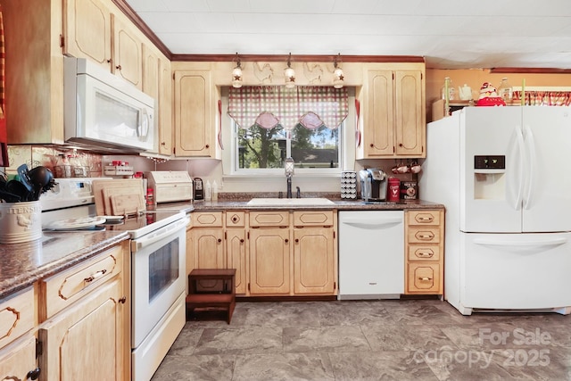 1104 Pump Station Rd, Kannapolis, NC 28081 - kitchen featuring white appliances, dark countertops, and light brown cabinets