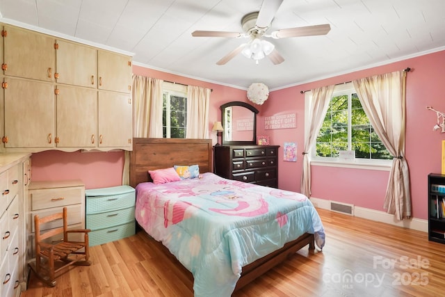 1104 Pump Station Rd, Kannapolis, NC 28081 - bedroom featuring multiple windows, light wood-type flooring, ornamental molding, and ceiling fan
