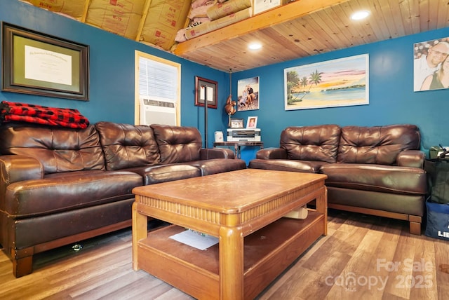 1104 Pump Station Rd, Kannapolis, NC 28081 - living area with wood ceiling, light wood-style flooring, cooling unit, and recessed lighting