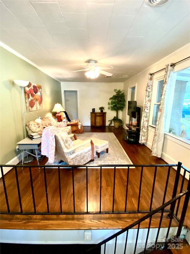 3702 Crawford St, Gastonia, NC 28052 - living area featuring ceiling fan, dark wood finished floors, and crown molding