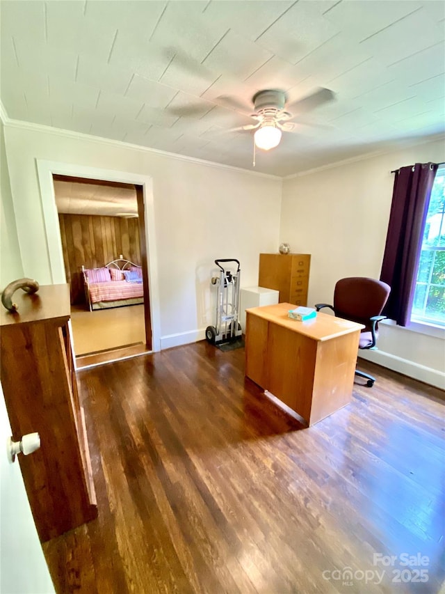 3702 Crawford St, Gastonia, NC 28052 - office featuring crown molding, a ceiling fan, and dark wood-style floors