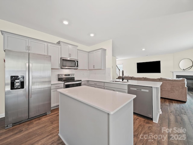 404 Saddlebred Ln, Locust, NC 28097 - kitchen with stainless steel appliances, a peninsula, gray cabinets, dark wood finished floors, and open floor plan