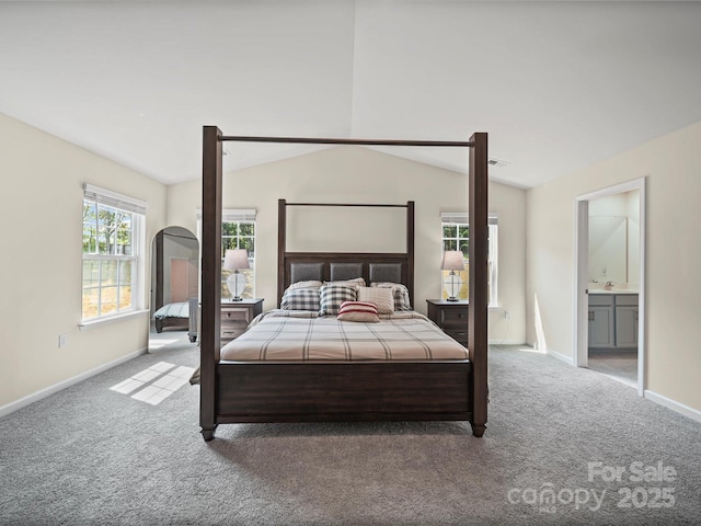 404 Saddlebred Ln, Locust, NC 28097 - carpeted bedroom with connected bathroom and lofted ceiling