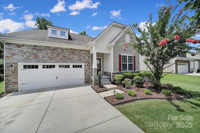 248 Catoctin Rd, Rock Hill, SC 29732 - craftsman house featuring stone siding, concrete driveway, a garage, a front lawn, and roof with shingles