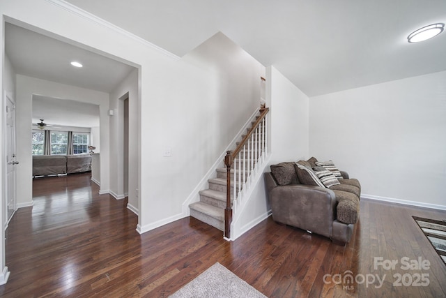 248 Catoctin Rd, Rock Hill, SC 29732 - living room featuring stairway, wood finished floors, a ceiling fan, and recessed lighting