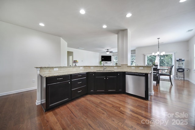 248 Catoctin Rd, Rock Hill, SC 29732 - kitchen featuring dishwasher, dark cabinets, healthy amount of natural light, dark wood finished floors, and recessed lighting