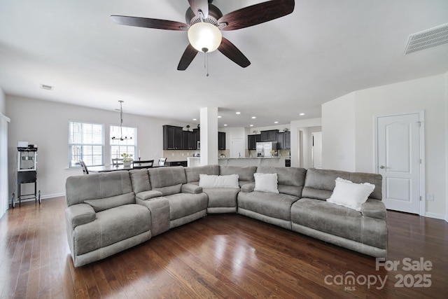 248 Catoctin Rd, Rock Hill, SC 29732 - living room with a ceiling fan, recessed lighting, a chandelier, and dark wood finished floors