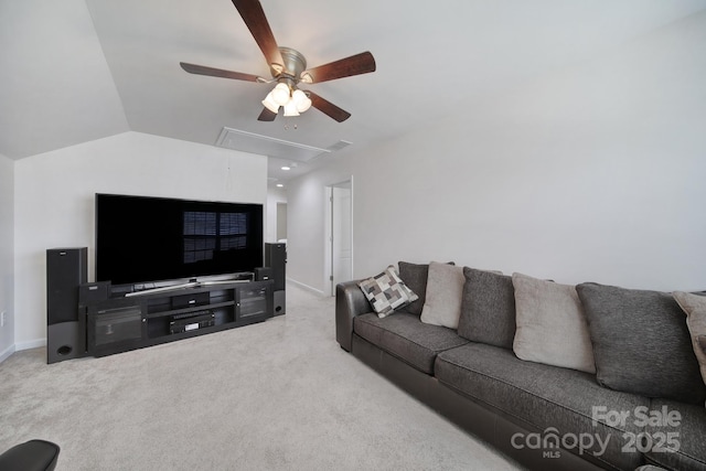 248 Catoctin Rd, Rock Hill, SC 29732 - living area with attic access, ceiling fan, carpet flooring, and vaulted ceiling