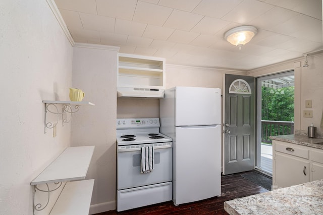 2420 Timberland Hills Dr, Newton, NC 28658 - kitchen with white appliances, under cabinet range hood, dark wood-type flooring, ornamental molding, and open shelves