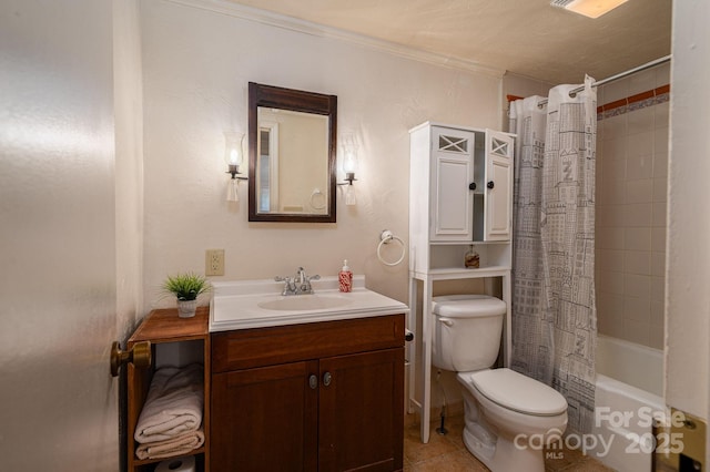 2420 Timberland Hills Dr, Newton, NC 28658 - bathroom with vanity, shower / bath combination with curtain, ornamental molding, and tile patterned floors
