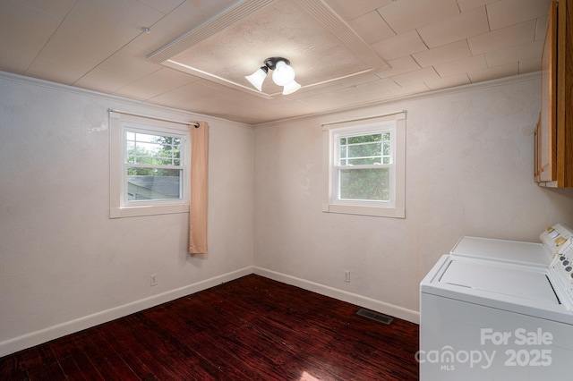 2420 Timberland Hills Dr, Newton, NC 28658 - washroom with washer and clothes dryer, hardwood / wood-style floors, cabinet space, and crown molding
