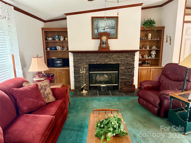 5816 Scotland Yard Rd, Rock Hill, SC 29732 - carpeted living room with a stone fireplace, ornamental molding, and a textured ceiling