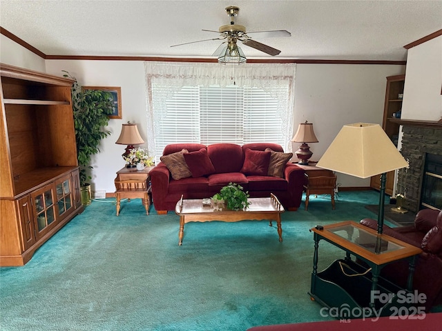 5816 Scotland Yard Rd, Rock Hill, SC 29732 - living room with ceiling fan, a textured ceiling, a stone fireplace, crown molding, and carpet