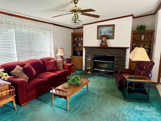 5816 Scotland Yard Rd, Rock Hill, SC 29732 - carpeted living area featuring a fireplace, a textured ceiling, a ceiling fan, and crown molding