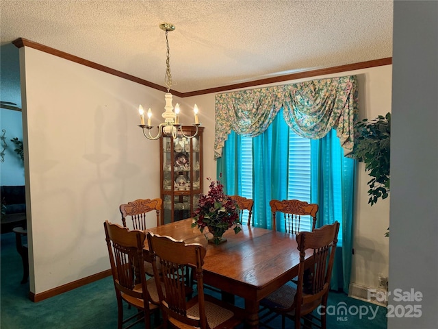 5816 Scotland Yard Rd, Rock Hill, SC 29732 - dining area featuring a chandelier, ornamental molding, a textured ceiling, and carpet floors