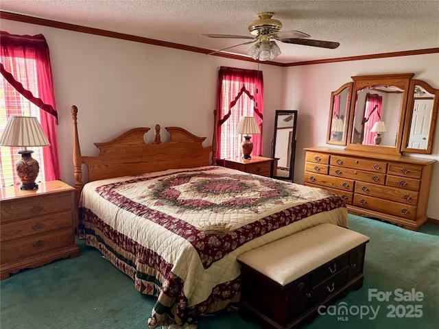 5816 Scotland Yard Rd, Rock Hill, SC 29732 - bedroom featuring multiple windows, a textured ceiling, carpet floors, crown molding, and ceiling fan