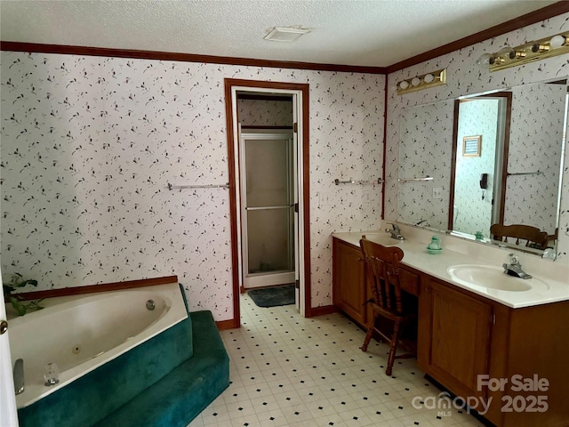 5816 Scotland Yard Rd, Rock Hill, SC 29732 - bathroom with ornamental molding, tile patterned floors, wallpapered walls, a jetted tub, and double vanity